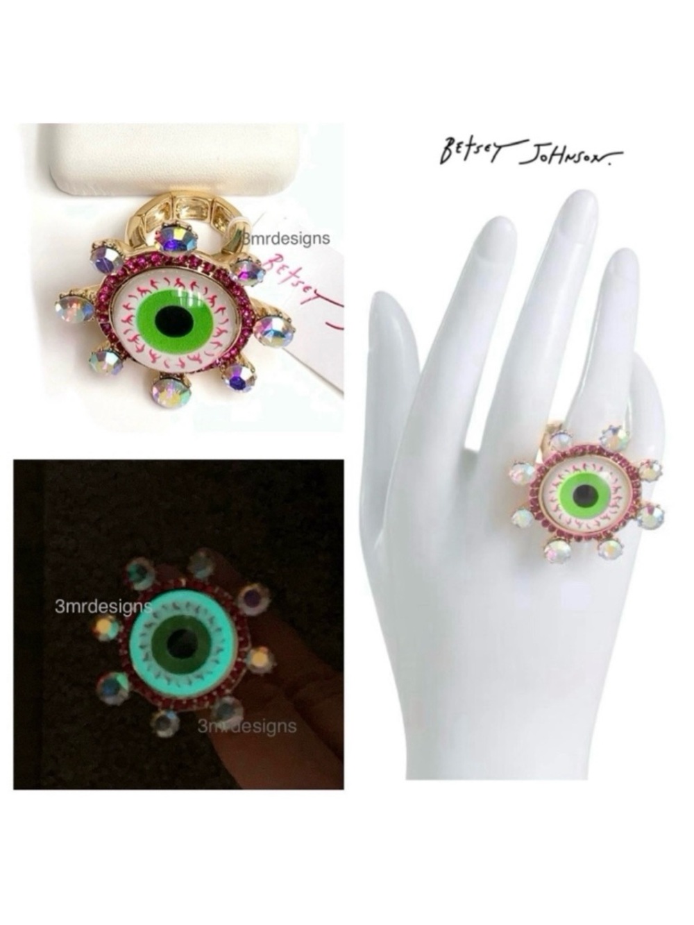 NWT Betsey Johnson💋GLOW IN THE DARK EYEBALL Gold Tone Glass Stones Stretch Ring